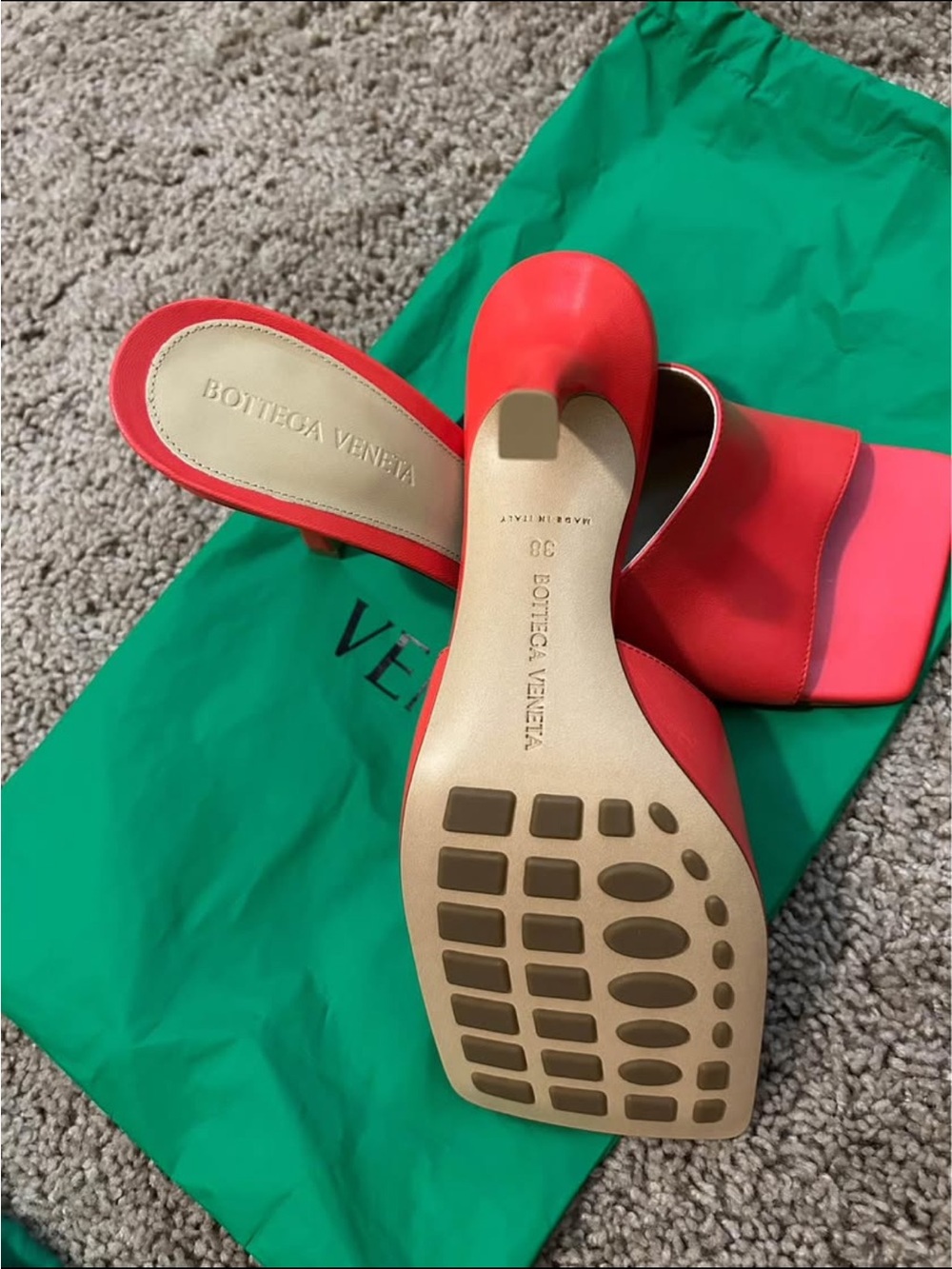 Bottega Veneta Coral Red Square-Toe Slide Mules